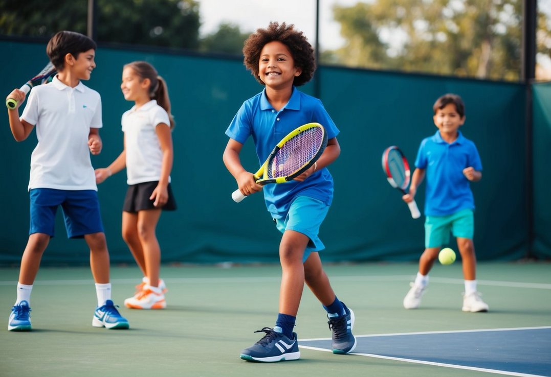 A child in a padel tennis court wearing proper shoes holding a racket and smiling while playing with other kids A child in a padel tennis court wearing proper shoes holding a racket and smiling while playing with other kids